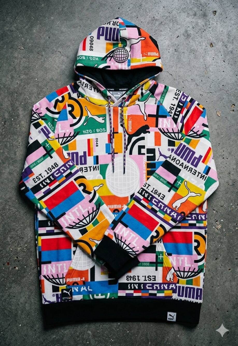 PUMA International Men's Hoodie All Over Print Colorful Graphic Streetwear M